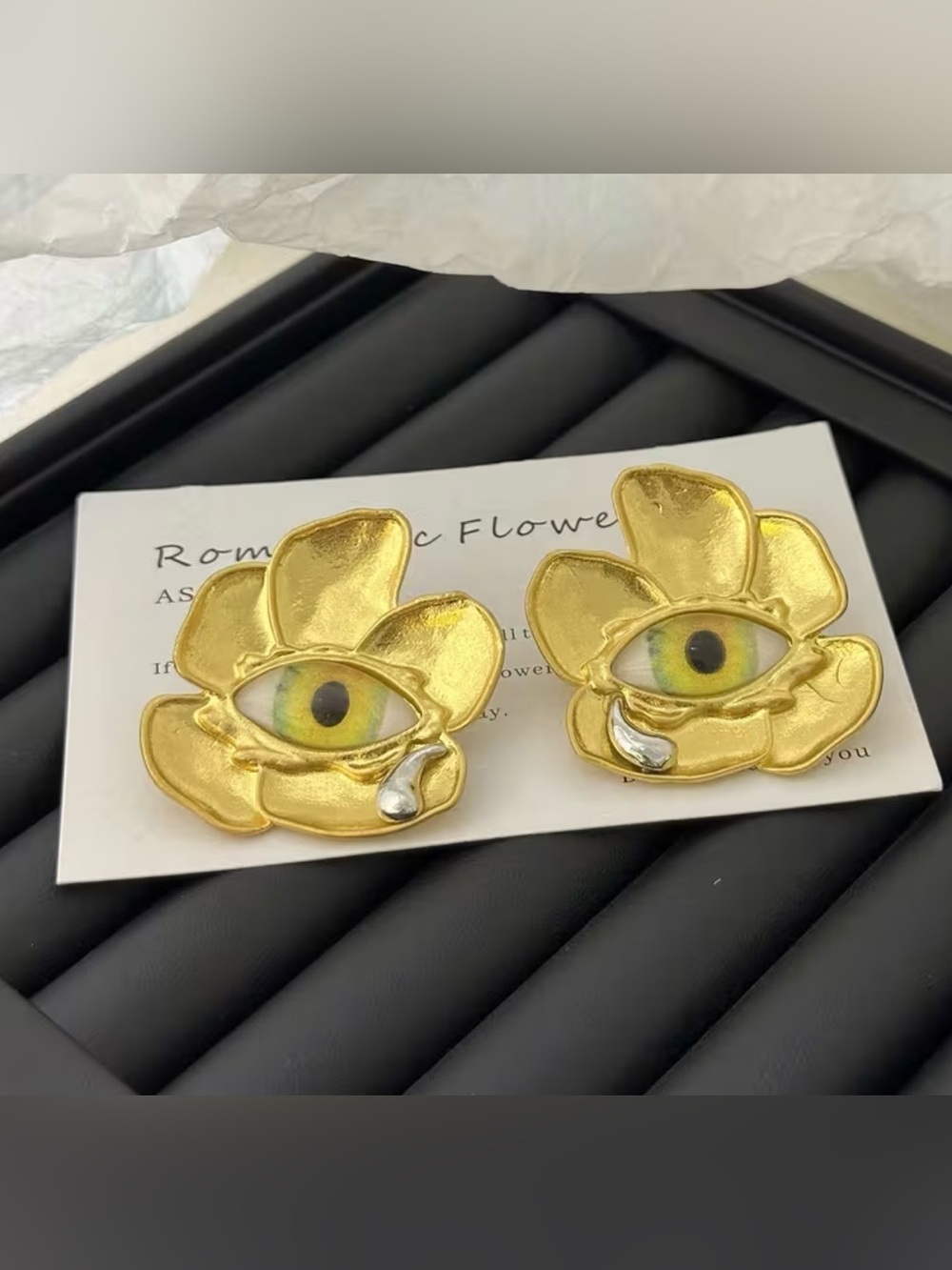 Schiaparelli Inspired Gold Flower Eye Statement Earrings